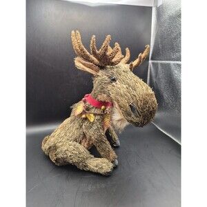 Woodland Bristle Sitting Moose Figurine Handcrafted Sisal Straw Rustic